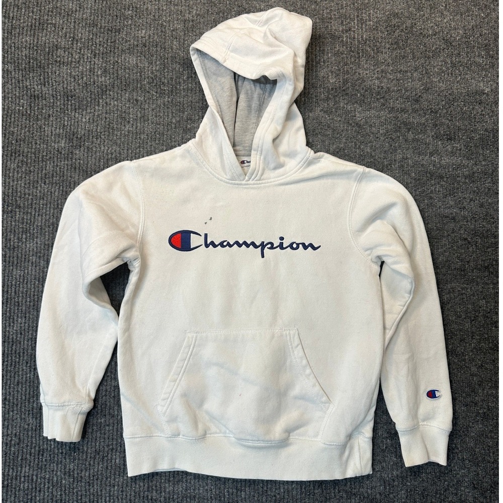 Champion‎ Script Logo Pullover Hoodie Youth Medium White Cotton Blend Fleece